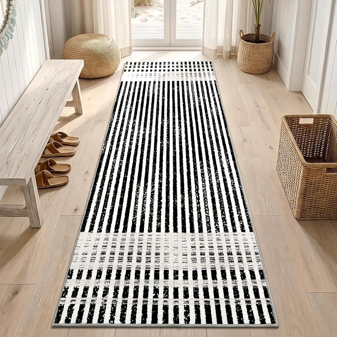 Washable 2x6 Modern Striped Area Rug, Abstract Runner for Hallway,Kitchen | Black Beige, Soft Low Pile, Skin Friendly, Non-Slip for High Traffic, Laundry Vintage Braided Paid Style Home Decor