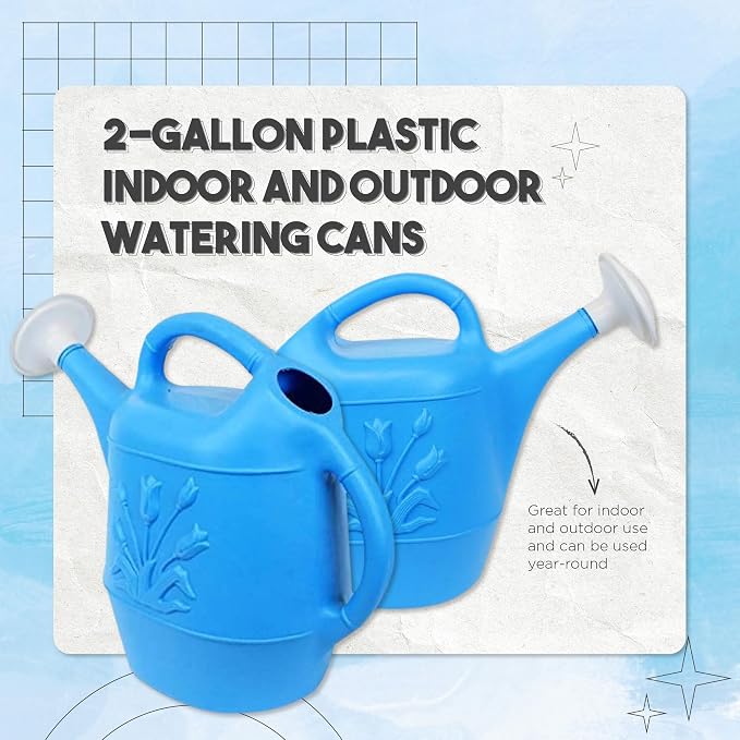 Union Products 63066 2 Gallon Plastic Indoor/Outdoor Watering Can w/Tulip Design for Garden, Potted Plants, & Patio Pots, Caribbean Blue, 3 Pack