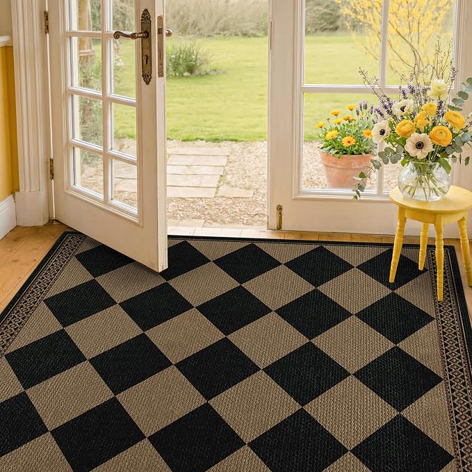 3x4 Checkered Outdoor Rug, Easy Jute Indoor Throw Rug for Entryway, Diamond Farmhouse Front Porch Rug, Boho Washable Non Slip Scandinavian Brown Black Mat for Kitchen, Patio, Bedroom, Backyard