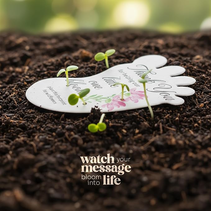 12pcs Pink Footprint-Shaped Gift Tags with Wildflower Seeds - Writable Gift Wrap Tags for Baby Showers, Mother's Day Present, Party Favors, DIY Crafts, & Earth Day Decorations