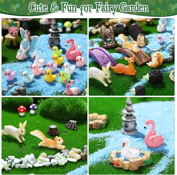 Unittype 120 Pcs Flower Fairy Garden Figurines Bulk Kit Flower Fairy Accessories for Garden Cute Mini Bridge Duck Mushroom Well Pond Micro Animal Landscape Ornaments DIY Kit for Outdoor Yard Lawn