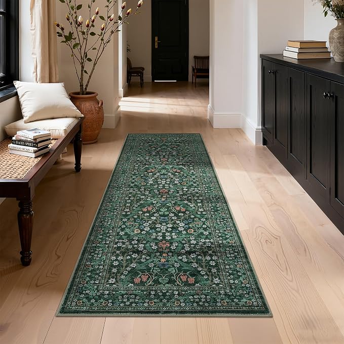 GarveeHome Dark Green Floral 2x6 Washable Kitchen Runner Rug | Vintage Stain Resistant Rugs for Entryway Hallway Bedroom Bathroom Low-Pile Non-Slip Soft Botanical Boho Rug TPE Backing