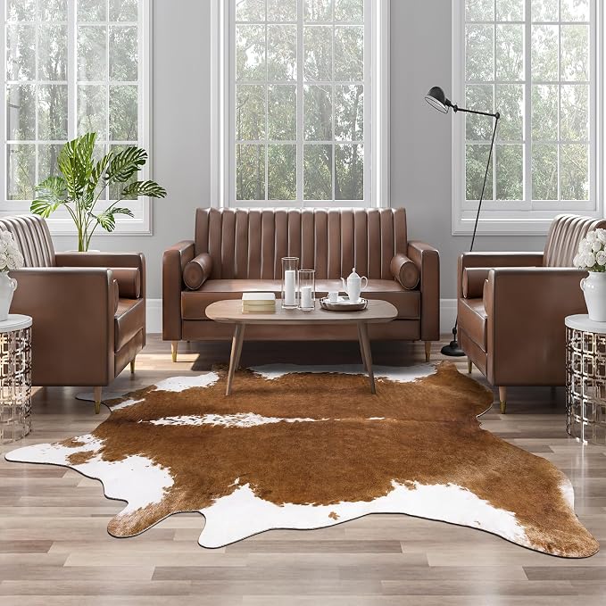 AROGAN Faux Cowhide Rug, Brown Cow Print Small Animal Area Rug, 4x3 Ft | Premium Cow Hide Carpet, Western Rug for Bedroom Living Room Decor, Durable Faux Cow Skin Cowhide Area Rug