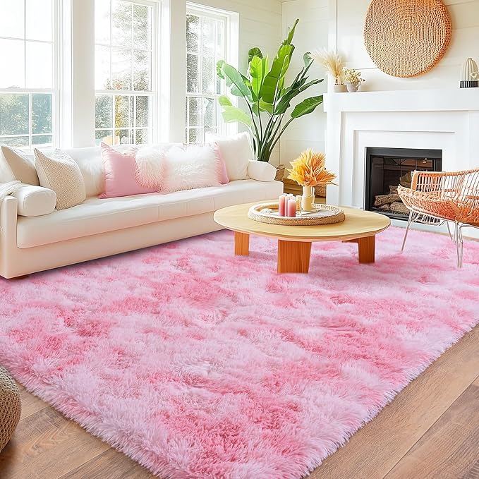 8x10 Area Rugs for Living Room, Large Ultra Fluffy Fuzzy Shag Rug for Bedroom, Modern Plush Soft High Pile Upgrade Non-Slip Carpet for Kids Girls and Boys Room Dorms Decor, Tie-Dyed Pink
