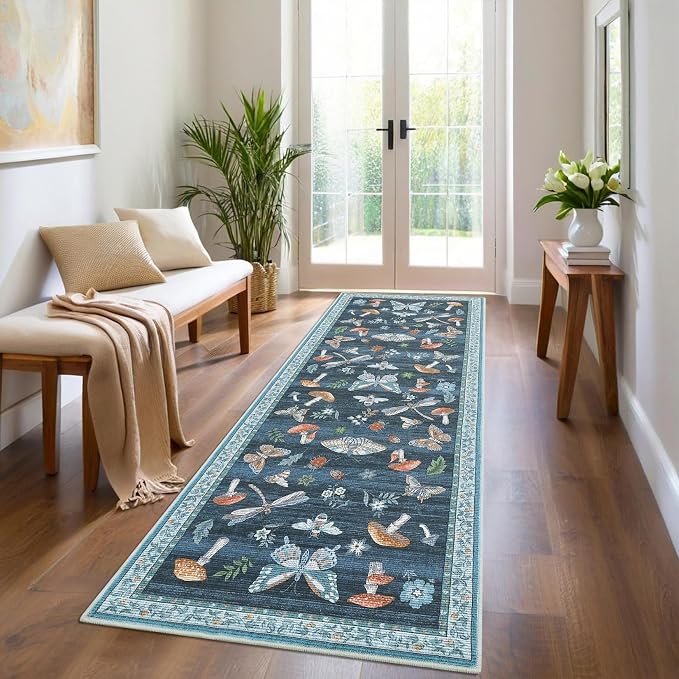 ROYHOME Mushroom Insect Rug 2x6 Runners for Hallways, Boho Kitchen Runner Rugs Non Slip Bath, Modern Washable Rug for Bedroom, Soft Long Rugs for Entryway Bathroom Laundry Dorm, Blue