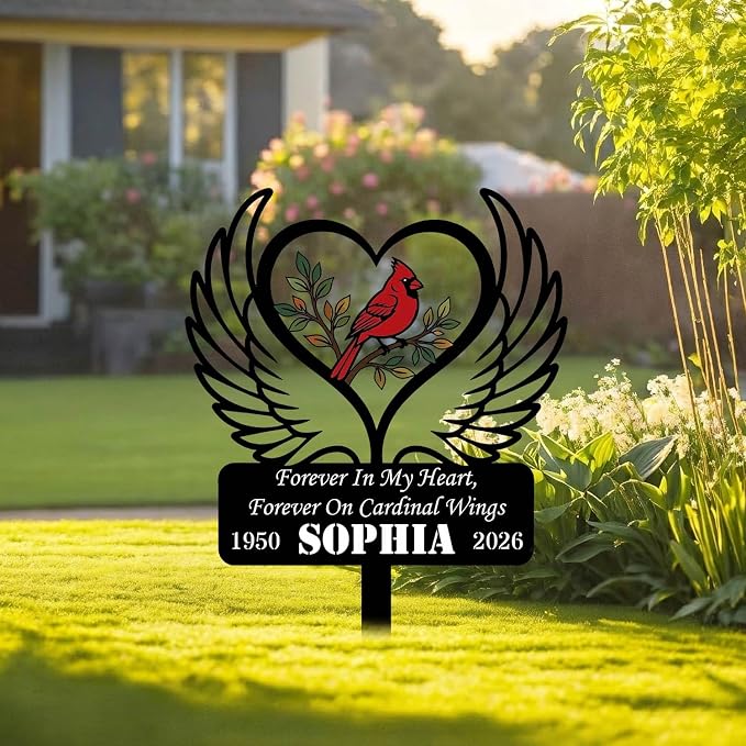 Personalized Cardinal Garden Sign with Stakes, Custom Name Sign, Yard Decor Outdoor, Memorial Gift for Mom, Garden Plaque Sympathy Gifts, loss loved Ones Cardinal Sign with Angel Wings