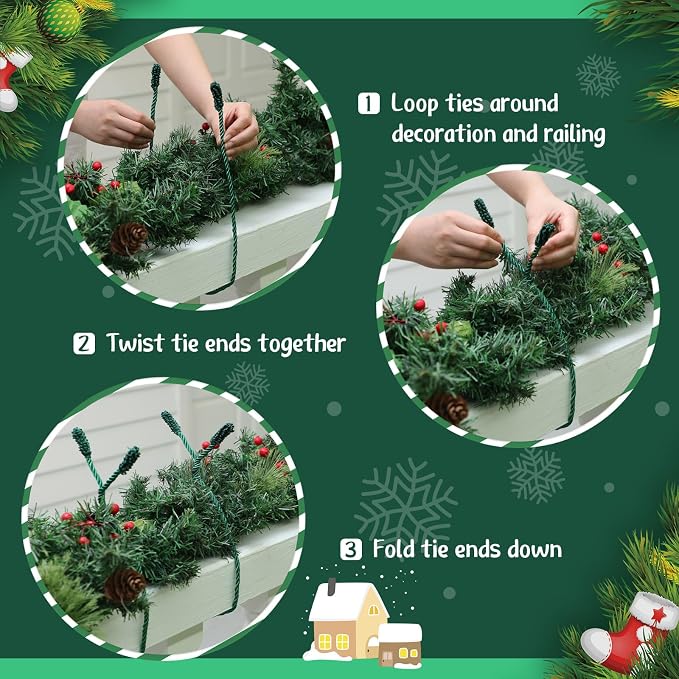 Zhengmy 12 Pcs Christmas Garland Ties Extra Long 30'' 25'' 20'' Green Decorative Twist Tie for Banister Reusable Flexible Twist Tie for Garland Stairway Railing Home Xmas Holiday Decor