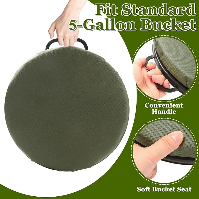 DAJAVE 2 Pack 5 Gallon Bucket Seat 360 Degree Swivel Bucket Seat Cushion, Buckets Seats Lid with Padded Top for Fishing, Hunting, Baseball Gardening and Camping, Water-Resistant (Green)