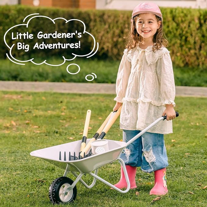 ROBUD Kids Gardening Tools Outdoor Toys Set Backyard Play with Kids Wheelbarrow-9pcs Metal Toddler Wheelbarrow, Garden Tools, Watering Can, Plant Labels for Ages 3+ (Grayish White)