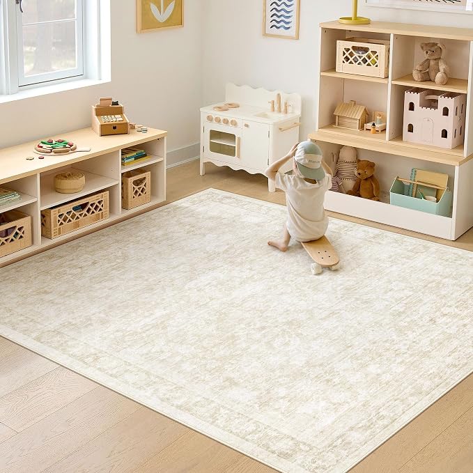 5x7 Area Rugs for Living Room: Washable Vintage Floral Rug Low Pile Non-Slip Boho Carpet for Bedroom Nursery Dining Room (Beige, 5'x7')