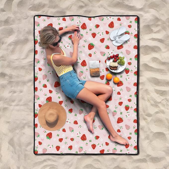 Strawberry Bow Picnic Blankets Waterproof Foldable, 60’‘x80'' Portable Outdoor Picnic Mat Water Resistant for Grass, Padded Lawn & Park Blanket for Camping,Hiking
