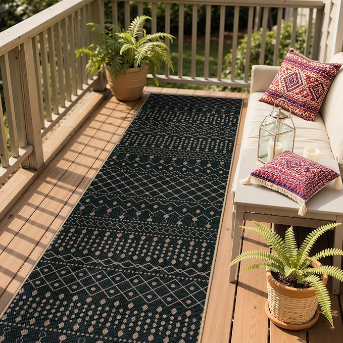 Lahome Moroccan Easy Jute Washable Runner Rug, 2x8 Black Kitchen Runner | Distressed Print Geometric Carpet for Inside Entryway Hallways Laundry Room Foyer