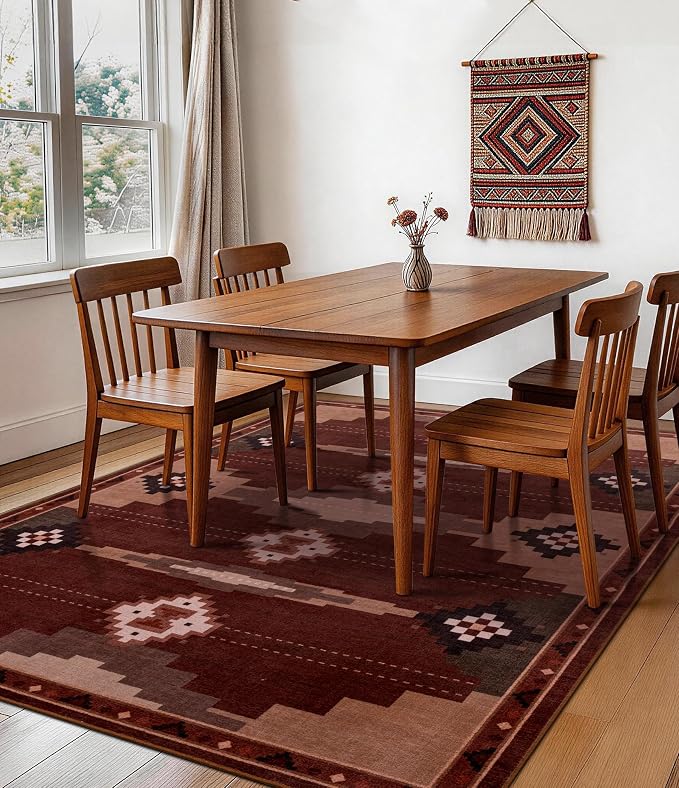 YIHOUSE 8’x10’ Washable Western Red Aztec Area Rug for Living Room | Soft, Non-Slip, Low Pile, Southwestern Retro Navajo Large Rug for Bedroom Dining Room, Red/Brown