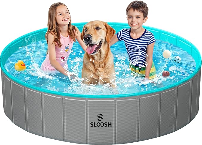 SLOOSH Foldable Dog Kiddie Pool - Portable Hard Plastic Doggie Swimming Pool, Anti-Slip Collapsible Pets Bath Tub Suitable for Kids Toddler Indoor Outdoor Backyard Use (Gray, 63" x 12")