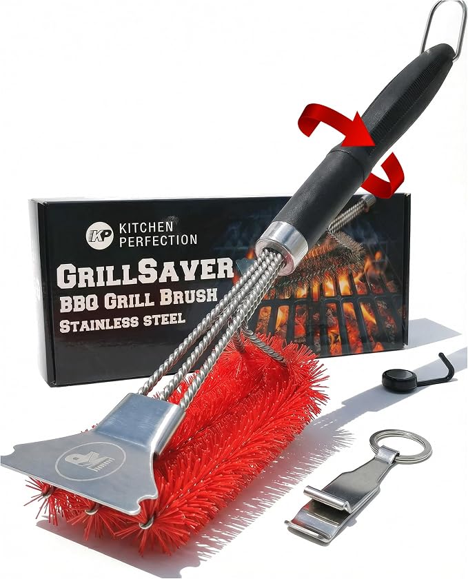 Kitchen Perfection Nylon BBQ Grill Cleaning Brush and Scraper -GrillSaver | Safe Nylon Wire Bristles for Porcelain & Ceramic Grates, Replaceable Head, Magnetic Hanger, Bottle Opener & 3 Ebooks