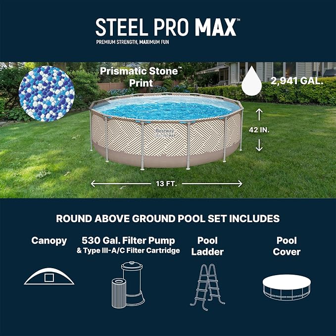 Bestway Steel Pro MAX 13' x 42" Above Ground Swimming Pool Set with Pump | Durable Round Metal Frame Outdoor Backyard Pool, Puncture-Resistant Liner - Canopy, Ladder, and Cover Included, Taupe