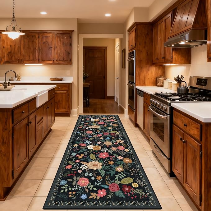 Washable 2' x 6' Runners for Hallways, Non Slip Long Floor Runner for Kitchen, Entryway Indoor, Stain Resistant Rubber Backing Floral Decor Rug (Black)