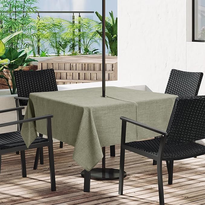 LUSHVIDA Outdoor Tablecloth with Umbrella Hole - Patio Table Cloth Zippered Square 60x60 Inch, Khaki Linen-Look Polyester Table Cover Water Resistant for Picnic Outside