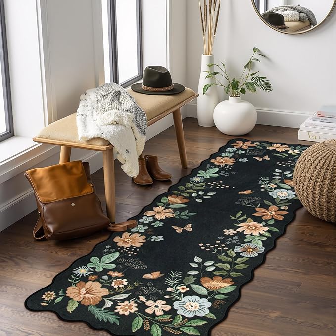 Lahome Floral Kitchen Runner, 2x5 Scalloped Washable Runner Rug Non Slip | Soft Ultra-Thin Hallway Rug Stain Resistant Boho Carpet for Laundry Bathroom Bedroom Flore Black/Grey