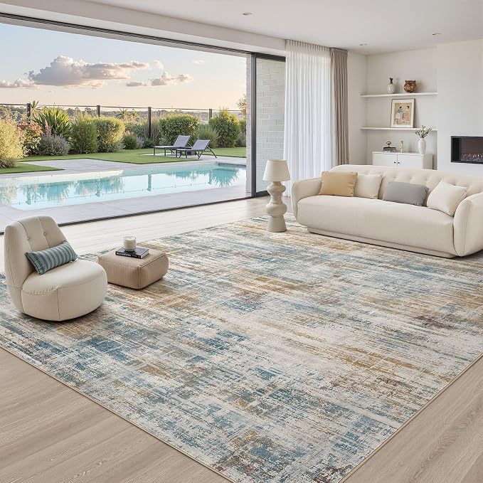 UERMEI 12x15 Area Rug for Living Room Washable Abstract Blue Brown Carpet | Extra Large Soft Low Pile Stain Resistant Non Slip Kid Pet Friendly Open Floor Plan Rug For Bedroom Dining Office