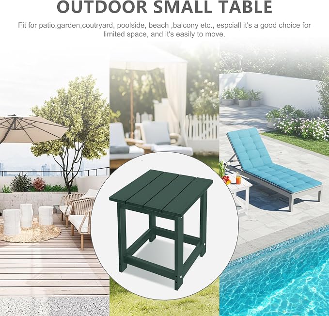 LZRS Patio Side Table, Heavy Duty HDPE Outdoor End Table with Wood Texture, Weatherproof Composite Table for Adirondack Chairs, Deck, Pool, Indoor/Outdoor, No Peeling or Cracking(Dark Green)