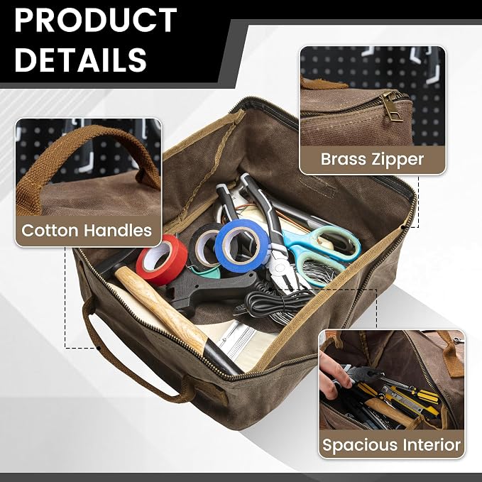 Heavy Duty Tool Storage Organizer, Tool Pouch with Metal Zipper + Handle, 16 OZ Waxed Canvas Tool Bag | 3-Pack | 9.5"L x 5.5"W x 5.5"H (Closed) - Grey