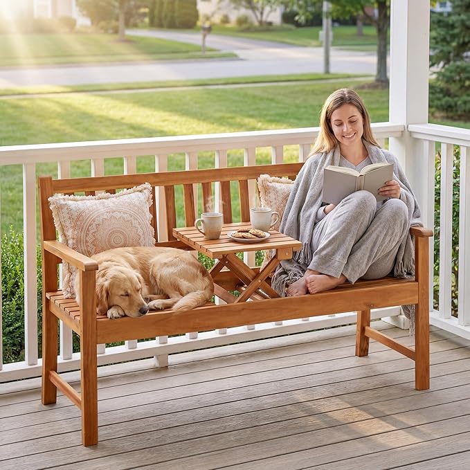 Flamaker Outdoor Bench with Pull-Up Table, Acacia Wood 2-Person Loveseats | Solid Wood Weather-Resistant Patio Seating with Convertible Center Table for Garden, Backyard, Porch, Poolside, Log Brown