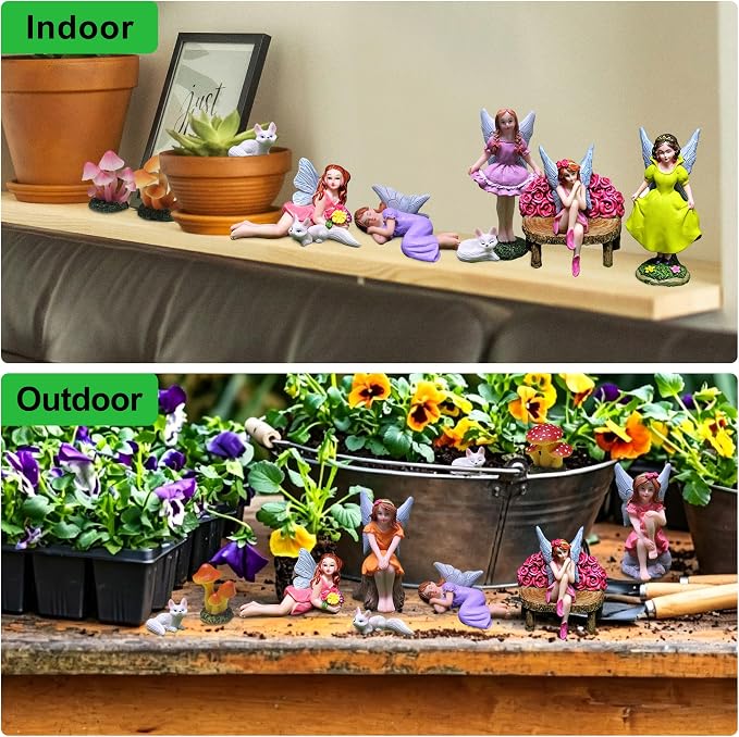 Miniature Fairy Garden Accessories Set - 5 Resin Fairies (Sleeping, Sitting on Stone/Stump/Bench) with 3 White Fox Statues & 2 Spotted Mushrooms - Whimsical Forest Decor for Terrarium, Patio & Gifts