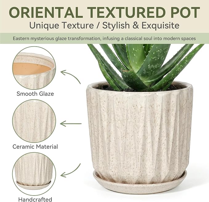 10 Inch Ceramic Planter Pot with Saucer Drainage Leak-Proof Mesh,Flower Pots for Indoor Plants with Gardening Gloves,Ceramic Planter(Silk White)