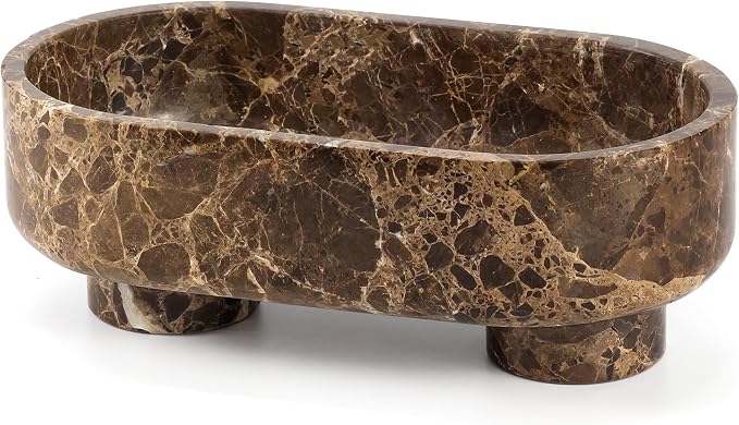 LIN CHUAN Natural Oval Marble Fruit Bowl for Kitchen Counter | Two-Legged Decorative Pedestal Bowl for Dining Table Decor, 10" Luxury Entryway Catchall Purse Bowl - Dark Brown