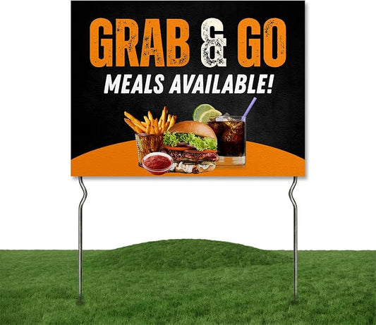 Grab-and-Go Meals Available! Yard Sign by DC | 24"x18" Double Sided Conv. Store Garden Sign with 13” Metal Stakes | Outdoor Signs Waterproof for Lawn, Patio, Sidewalk & House | Set of 3 | Made in USA
