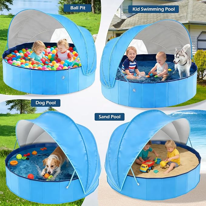 Jasonwell Kiddie Baby Pool with Canopy - Foldable Infant Toddler Kids Pool with Shade Baby Beach Essentials Tent Swimming Wading Pools for Toddlers 1-3 + Kids Dogs Ball Pit Backyard Water Play B, 79"