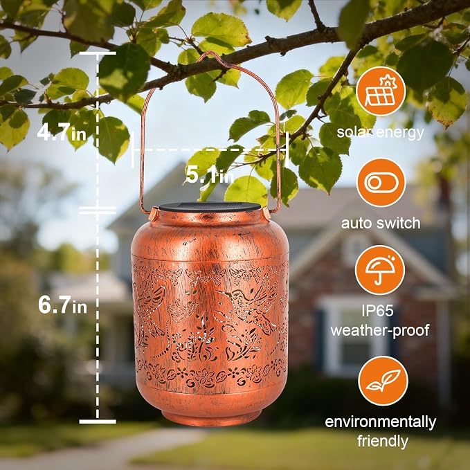 Hummingbird Solar Lanterns Outdoor Waterproof, Birthday Gifts for Women Mom Grandma, Copper Metal Hanging Solar Lights for Yard Garden Decor Hummingbird Gardening Gifts