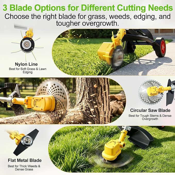 2026 New 30000 RPM Brushless Cordless Weed Wacker with Wheels, 12-Inch Battery Powered Electric Weed Eater, 4-in-1 Grass Trimmer, Brush Cutter, Stringless Weed Trimmer & Lawn Edger (1, Yellow)