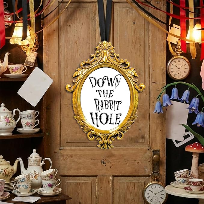 Preboun Wonderland Tea Party Decor Outdoor 11.81 x 8.66'' Down The Rabbit Hole Garden Decor Yard Sign Vintage Waterproof Gold Oval Mirror Tea Party for Wonderland Birthday Baby Shower Lawn Garden