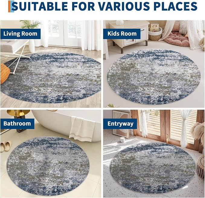 ROYHOME Modern Abstract 8x8 Round Area Rug Non Slip, Navy | Non Shedding Rug Low Pile Stain Resistant for Bedroom Living Room office Dining Room