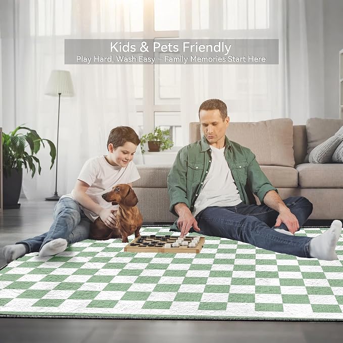 Nayoroom Sage Green Checkered 8x10 Area Rug, Soft Faux Wool Non-Slip Washable, Farmhouse Checkerboard Rug for Living Room Bedroom.