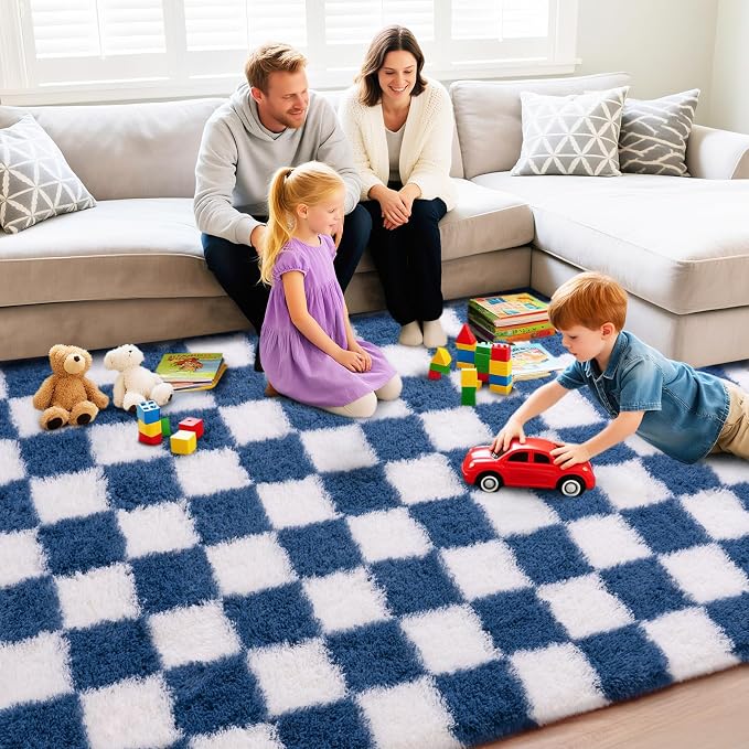 Checkered Rug for Living Room 6x9, Ultra Fluffy Fuzzy Shag Large Area Rug for Bedroom, Modern Plush Soft Upgrade Non-Slip Carpet for Kids Girls and Boys Room Dorm Home Decor, Navy and White