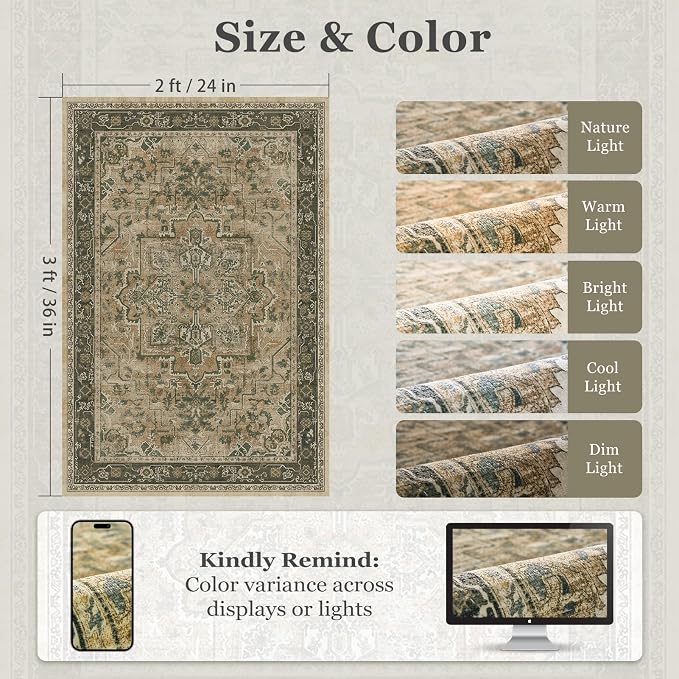 Vintage Distressed 2x3 Kitchen Rugs Washable Non Slip, Moody Medallion Door Mat Indoor Entrance Entryway, Small Low Pile Rugs for Bedroom/Bathroom Vanity/Laundry Room, Multi Brown/Olive Green