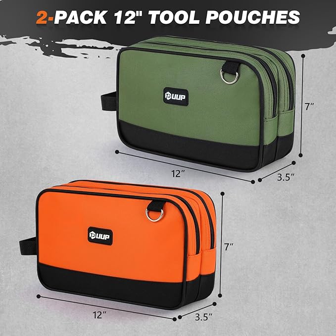 UUP 12" Tool Bag 2-Pack, Divider Zipper Pouch w/Handle, Tool Box Organizer | Waterproof, Heavy-duty oxford, smooth zipper, bright orange & green. small storage case for car work tools. electrician gift