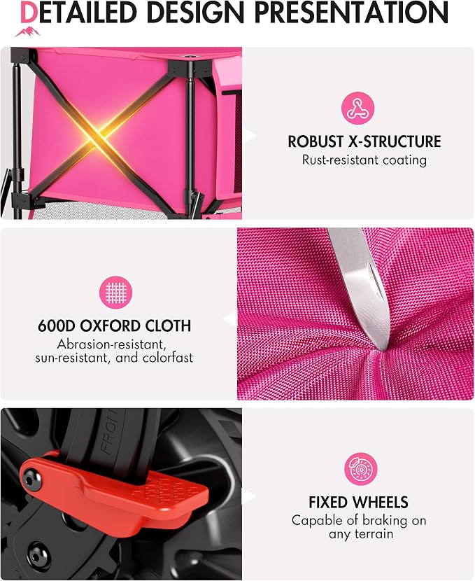 PORTAL 400L Heavy Duty Double Decker Wagon with Brakes, 54" Extra Long Extender Wagon Cart,660lb Collapsible Garden Car, All-Terrain Big Wheels for Camping, Sports, Shopping,Pink