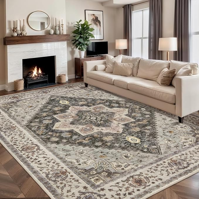 Tangsoo Farmhouse 5x7 Washable Area Rugs for Living Room, Non Slip Rug | Vinatge Indoor Large Print Distressed Carpet, Oriental Soft Low Pile Foldable Floor Rugs for Bedroom Dining Room Office Grey