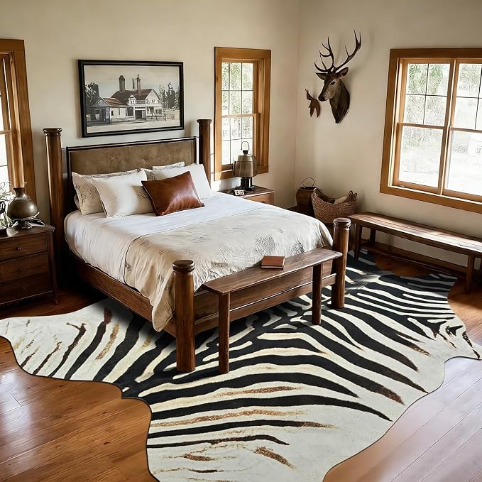 BENRON Zebra Rug, Animal Print Rug for Living Room Bedroom 6.2x7ft | Western Faux Zebra Print Rug, Animal Skin Carpets, Non-Slip Throw Rug for Home Decor, Black and Brown, Ivory