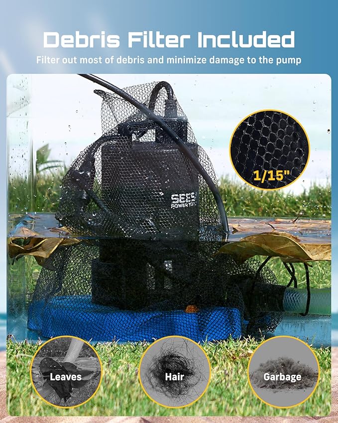SEESII Auto 2-in-1 Pool Cover & Submersible Water Pump, 1/3 HP | 3035 GPH Sump Pump, Smart Auto On/Off, Clog-Free Net. Ideal for Pools, Flooded Basements, Hot Tubs & Garden Ponds
