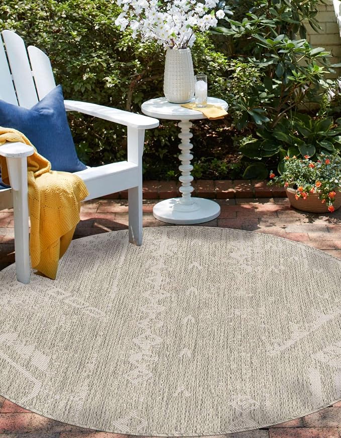 Unique Loom Outdoor Bohemian Collection Area Rug - Anthro (13' Round Gray/Ivory)