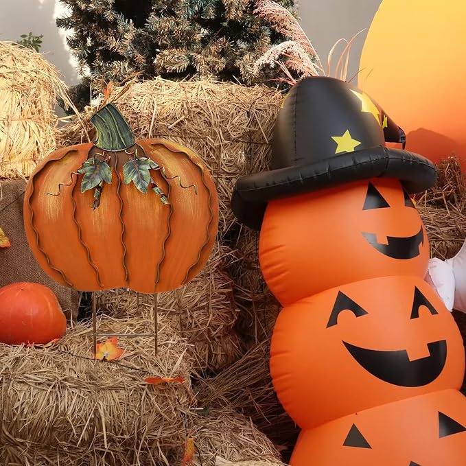 17" H Metal Pumpkin Yard Stake - Outdoor Fall Decor Rustic Garden Stake - Autumn Yard Sign Lawn Ornaments for Porch Home Patio Harvest Thanksgiving Halloween Decorations