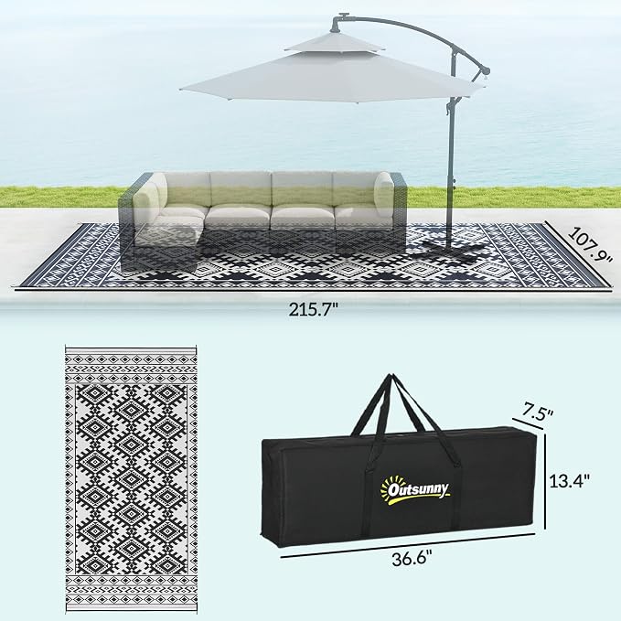Outsunny Outdoor Rug for Patio, 9' x 18' Waterproof Large Mat, Reversible Plastic Straw Rug for Decor, Portable Outside RV Camping Area Carpet Mat for Backyard Porch Deck Picnic, Black & White Rhombus