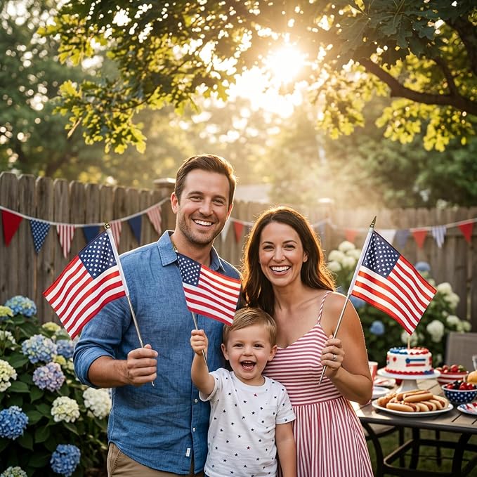 Bradford Small American Flag on Stick 6 Pcs 8x12 inch for 250th Anniversary Decorations, Heavy Duty Hand Held Handheld US USA Flags with Retractable Pole for 4th of July Outside Yard Garden