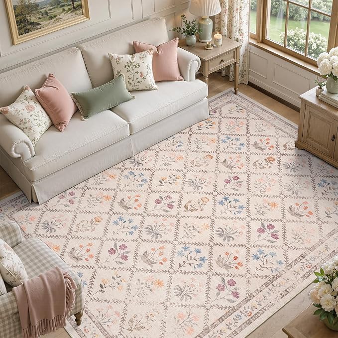 DCX Washable 6x9 Rose Biege Floral Rug for Girls Bedroom | Soft Cottagecore Rug for Baby Girl Nursery, Non Slip Low Pile, Kid & Pet Friendly Vintage Botanical Carpet