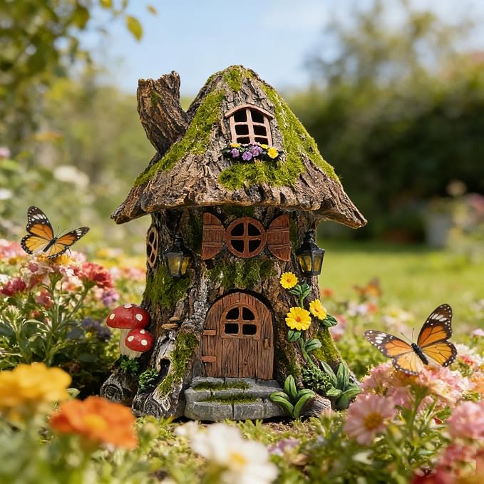 COWOS Solar Powered Mossy Tree House Sculpture with Doors, Windows, Street Lamp & Chimney - LED Outdoor Garden Decor